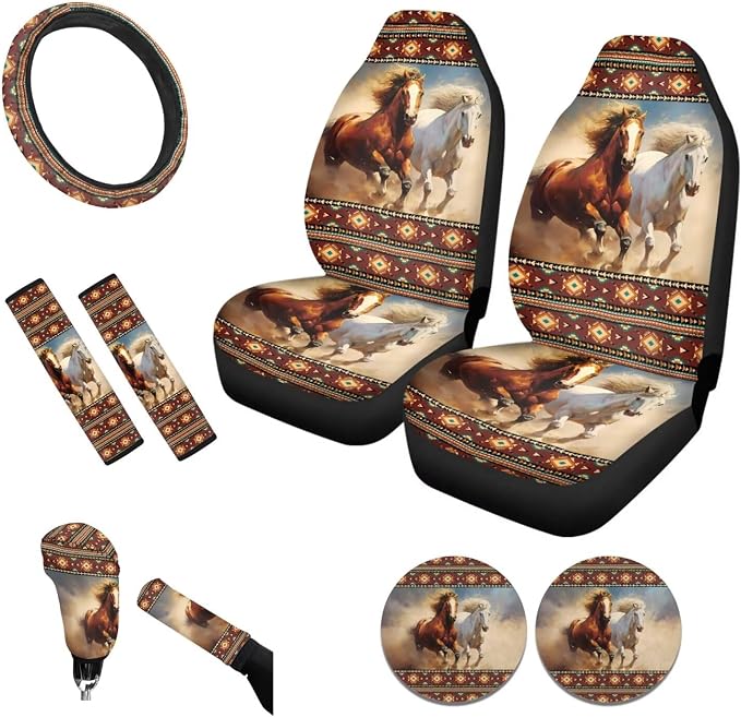 Tupalatus Aztec Horse 9 Pcs Car Seat Covers 2 Front Seats Car Accessories Full Set for Women Men Steering Wheel Cover Seat Belt Pads Cover Coasters Gear Shift Hoodie Handbrake Cover