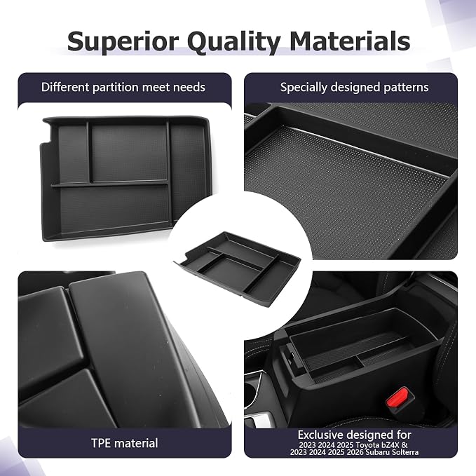 LUWU Lower Console Organizer Compatible with 2023 2024 2025 Toyota bZ4X & 2023 2024 2025 Subaru Solterra Accessories Armrest Console Secondary Storage Box Insert Tray Silicon Material Black