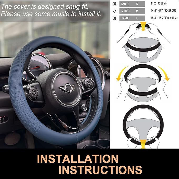 PINCTROT Nappa Leather Steering Wheel Cover, Slim Fit No Bulk Design, One Piece Leather with Breathable Perforation, Fit Like Gloves, Universal 14.5-15 Inch(Nappa Smoky Blue)