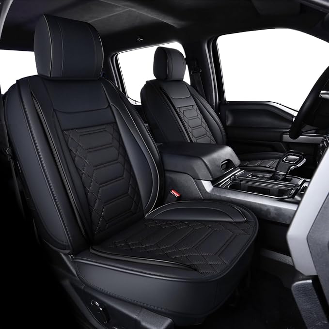 RISINGSTAR F150 Front Seat Covers Faux Leather, fit for 2015-2026 F150 SuperCrew SuperCab Regular Cab 2017-2026 F250 F350 F450 Super Duty Crew Cab SuperCab Regular Cab(Front Pair, Black 2 pcs)