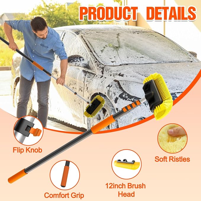 LAANPOLE 12FT Car Wash Brush with Long Handle, Car Cleaning Brush with 12 Inch Soft Bristle, Solar Panels Cleaner with Telescoping Pole for RV, Truck, Boat, House Siding