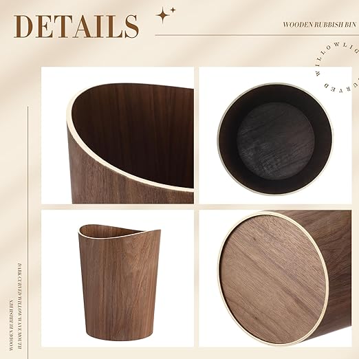 Threehoney 2 Pack 2.3 Gallons Wood Trash Can Wastebasket Natural Wood Round Wastebasket Small Trash Bin for Home, Office Under Desk, Kitchen, Bedroom, Den, Hotel, Room (Dark Wood,Wavy)
