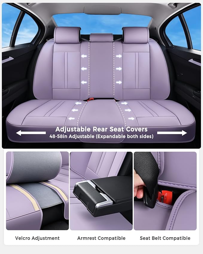 Huidasource Purple Seat Covers Luxury Nappa Leather, Car Seat Covers with Velcro Adjustable, Airbag, Lumbar Support, Cooling＆Heating, SUV seat Covers Universal Fit for Most Cars SUV Trucks, Purple