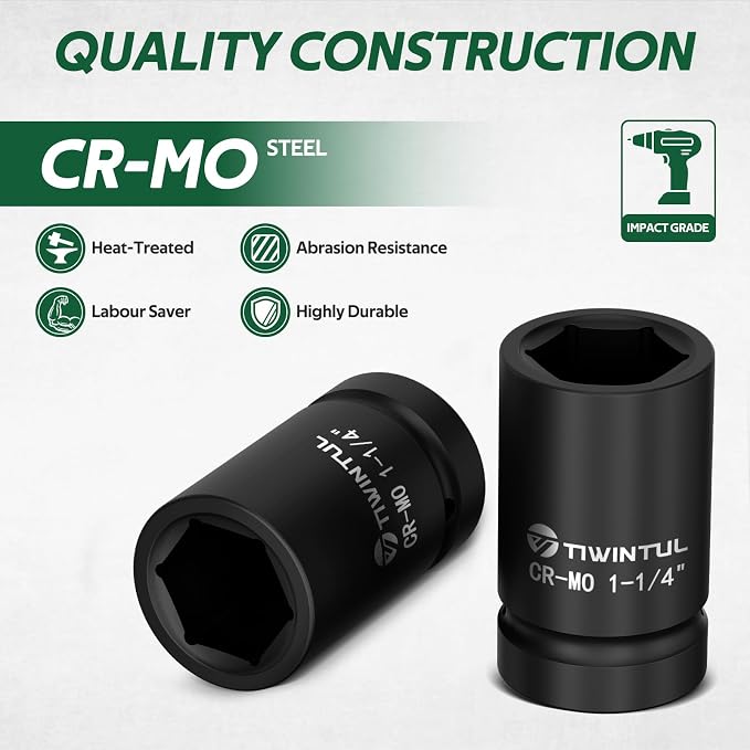 1-1/4” Impact Socket 1" Drive for Semi-Truck & Heavy Equipment | 6 Point Design, CR-MO, ANSI Certified, Heavy Duty Socket 1 Inch Drive for Mining & Construction, Farm Equipment Maintenance