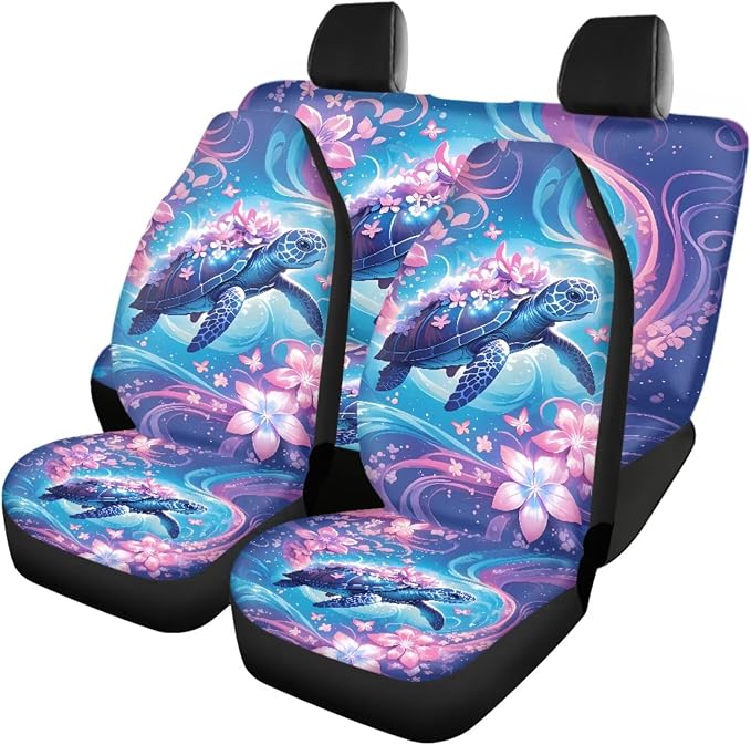 18 Pcs Pink Turtle Car Interior Accessories for Women, Car Seat Covers Full Set with Steering Wheel Cover Floor Mats Seat Belt Pads Armrest Pad Roof Handle Wraps Cup Coasters Keychains