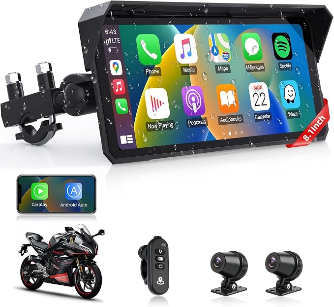 8.1" 4K Motorcycle CarPlay Screen w 4K Dash Cam Wireless Carplay Android Auto Screen for Motorcycle with GPS Navigation Voice Control WiFi Video Dual Bluetooth IPX7 Waterproof Wired Control