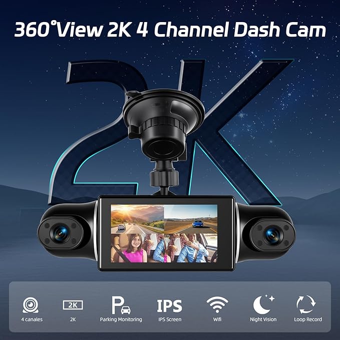 360°View 4 Channel Dash Cam, 2K+1080P Front and Rear Inside Left Right, NHOPEEW 3 inch IPS Screen Dash Camera for Cars, WiFi/APP Control, Night Vision, 24H Parking Mode, 64GB TF Card, Loop Recordin
