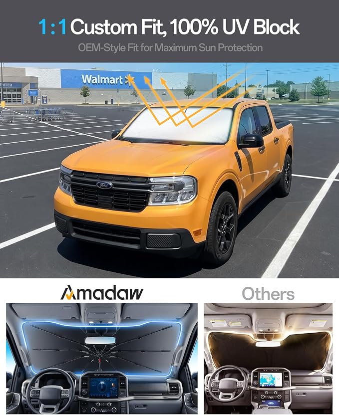 Windshield Sun Shade for Ford Maverick 2022–2026, Foldable Umbrella Sunshade with 100% UV Block, Multi-Layer Heat Insulation, Reinforced 10-Rib Frame, Keeps Car Cooler Summer Car Accessory
