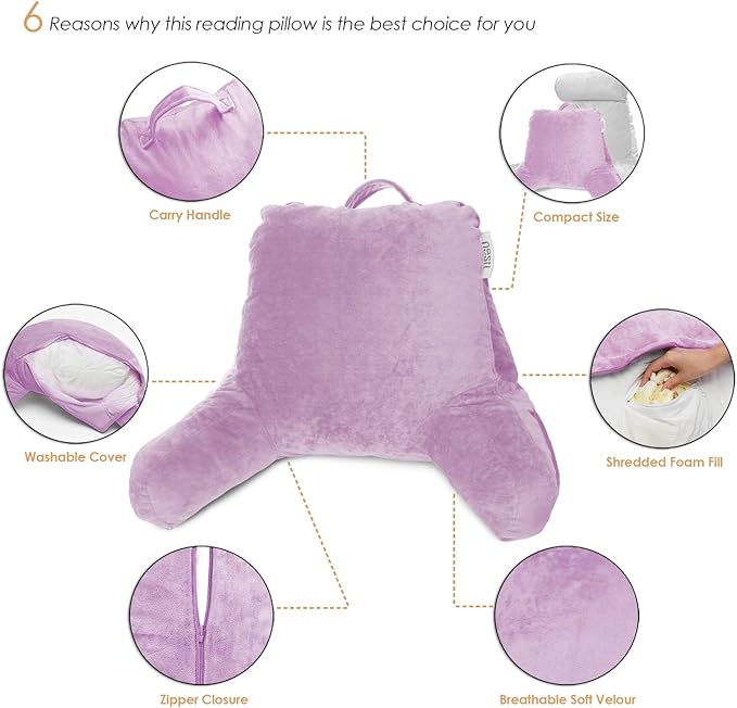 Nestl Reading Pillow for Kids & Teens with Shredded Memory Foam, Backrest Pillows for Reading, Watching, and Gaming, Use on The Couch, Bed, or Floor, Adjustable Support with Washable Cover Lavender