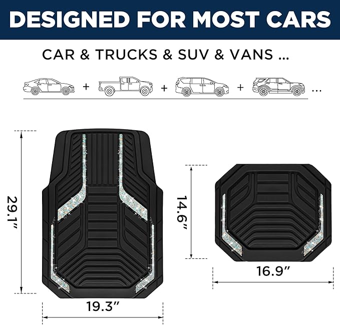 PIC AUTO Car Floor Mats, Leopard Sparkly Crystal Bling Glitter Car Mats Set, Front and Rear Heavy Duty Rubber Car Mats with Anti-Slip Backing, All Weather, Trim-to-Fit for Automotive SUVs, Sedan, Vans