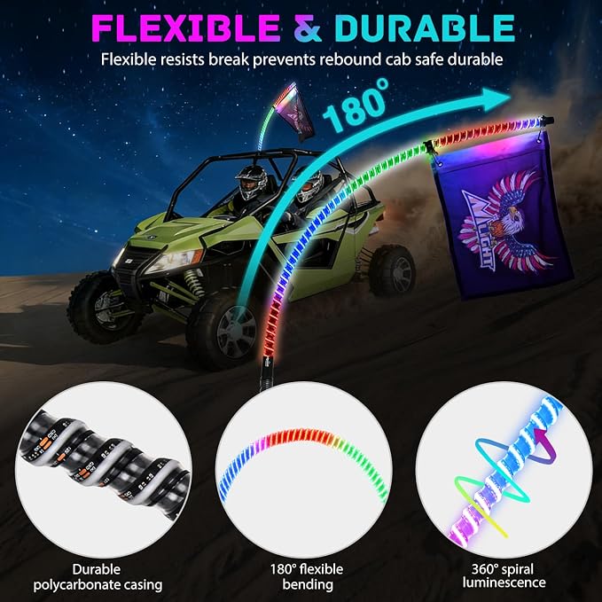 Nilight LED Whip Light 1 PC 2FT COB RGB Spiral Lighted Antenna with Spring Base, Bluetooth App & Remote Control DIY Chasing Patterns & Music Sync Safety Whips for ATV UTV RZR Polaris Can-Am Truck