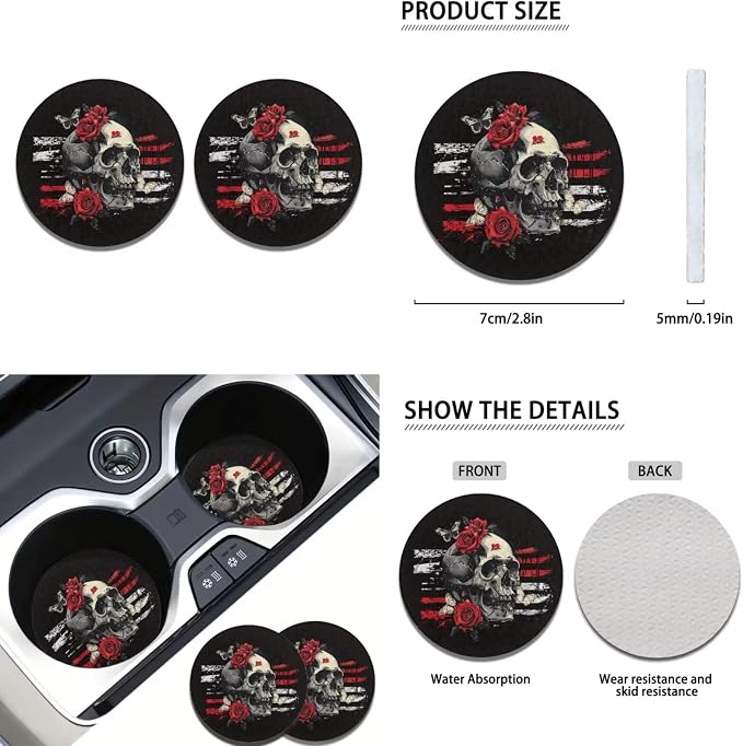 Howilath Gothic Skull Red Rose Car Seat Cover Set of 13 Anti-Slip Front Back Seat Covers with Auto Steering Wheel Pads/Seat Belt Cushion/Keychains/Cup Mat Accessories Interior Decor, Easy to Install