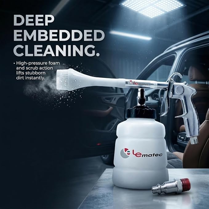 LE LEMATEC Interior Detailing Gun, Air Foam Car Wash Tool with Scrub Brush | Cleans Upholstery Carpet Vents Seats, Pneumatic Tornado Cannon, Solution Bottle, Auto Detail Kit