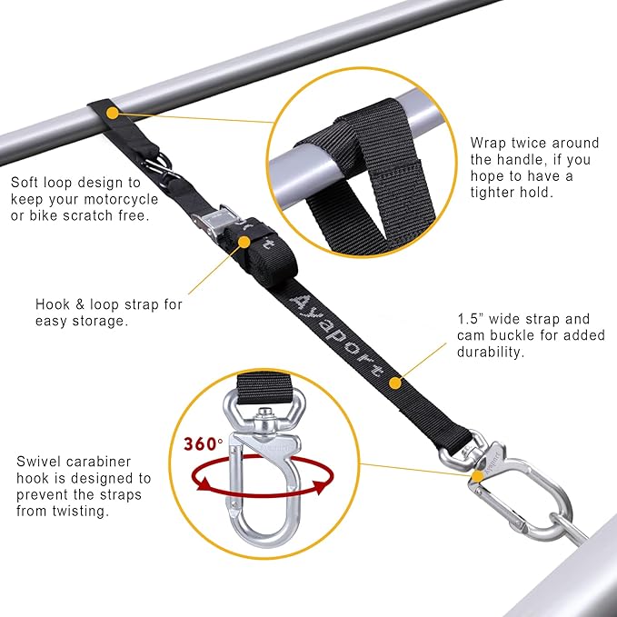 Ayaport Motorcycle Tie Down Straps 1.5” x 8’ (with Swivel Carabiner Hooks) Cam Buckle Tie Downs, Handlebar Strap for Dirt Bike, Motor Bike, Kayak, Car, Truck, Boat, Cargo, Black