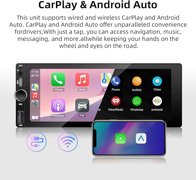 [Type-C&USB] Carplay Screen for car,Single-Din-Car-Radio with Wireless Apple-Carplay & Android-Auto,6.86 Inch Car Radio Touchscreen,Bluetooth Handsfree, Backup Camera, FM