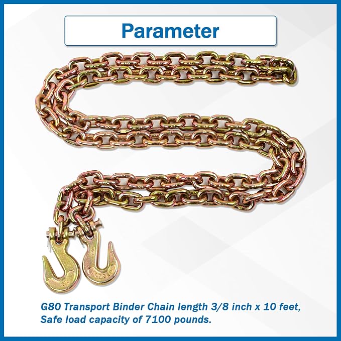 3/8 Inch x 10 Feet Transport Binder Chain G80 Safey Tow Chain with Grab Hooks 7100 Lbs Safe Work Load for Transporting Towing Tie Down Binding Equipment
