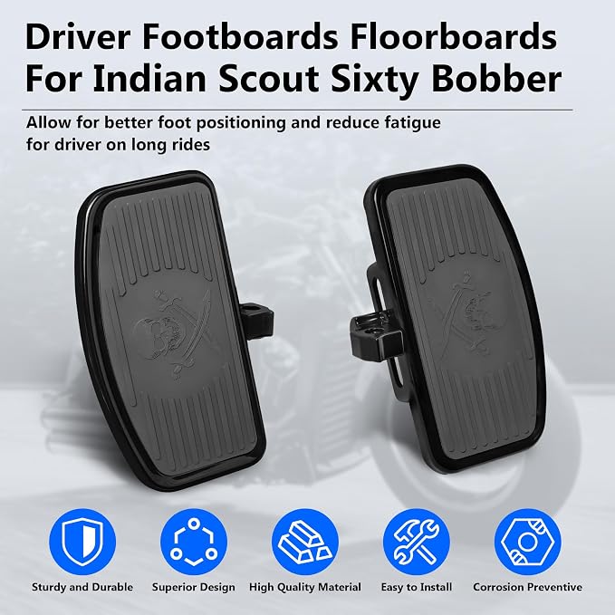 D-shaped Driver Footboards Front Rider Foot Rest Floorboards for Indian Scout Sixty Bobber 2015-2025 Models Foot Pegs Accessories(Black, Skull Swords)
