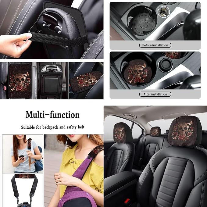 Skull Rose Printed Car Seat Cover Full Set with Steering Wheel Cover Armrest Pads Leather Lipstick Holder Keychain Car Coaster Non Slip Auto Accessories Set, 15 Pack, Brown