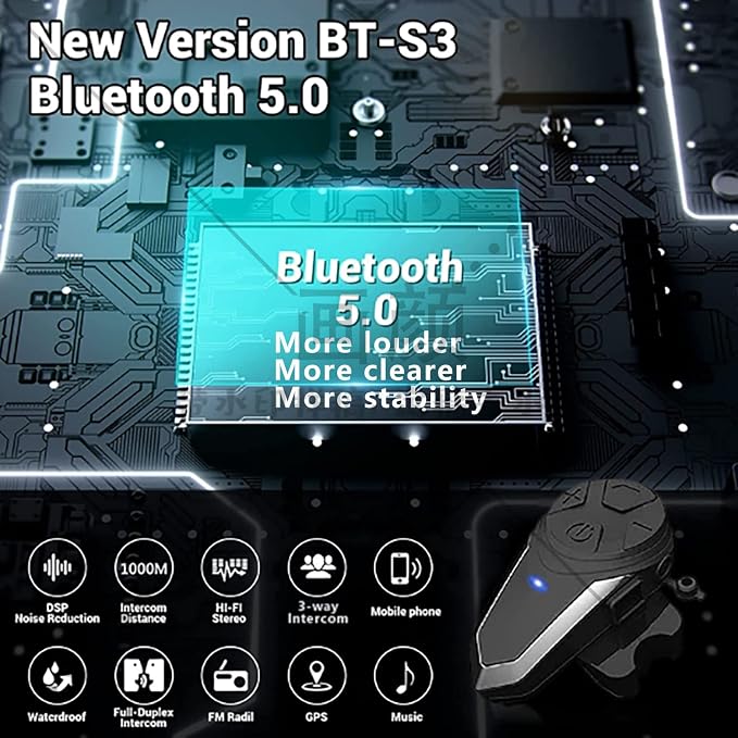 Motorcycle Bluetooth Headset, BT-S3 Bluetooth 5.0 Helmet Intercom Headset up to 3 Riders 1000M Helmet Communication System for Ski/ATV/Dirt Bike/Racing/Climbing(Single)
