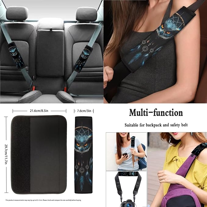 Owl Dreamcatcher Pattern Car Accessories Set of 13, Non Slip Car Seat Covers Full Set with Steering Wheel Cover, Safe Belt Shoulder Pad, Cup Coasters Universal Fit for SUV Sedan