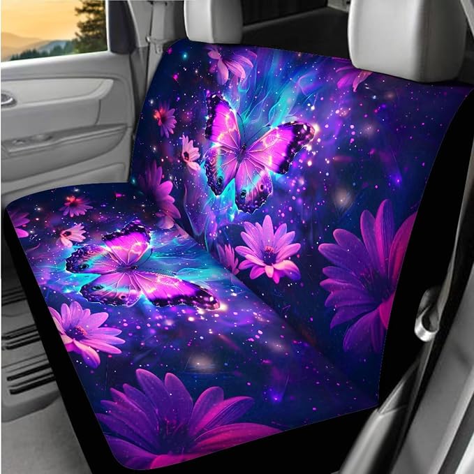 8 Pcs Purple Butterfly Car Interior Accessories Set for Women, Car Seat Cover Full Set with Automotive Steering Wheel Cover Auto Center Console Pad Seat Belt Pads