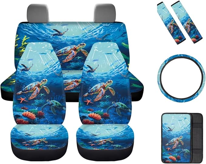 Sea Turtle Prints Car Interior Accessories Set of 8, Car Seat Covers Full Set with Steering Wheel Cover Center Console Pad Seat Belt Covers, Auto Decorations for Women