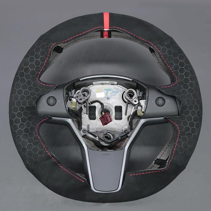 MEWANT Hand Stitch Steering Wheel Cover for Tesla Model Y Model 3 2023 Made of Black Smooth Hexagon Embossed Athsuede