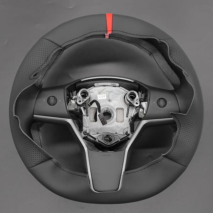 MEWANT DIY Hand Sew Black Genuine Leather Steering Wheel Cover Wrap for Tesla Model Y 2020-2023 Model 3 2017-2023