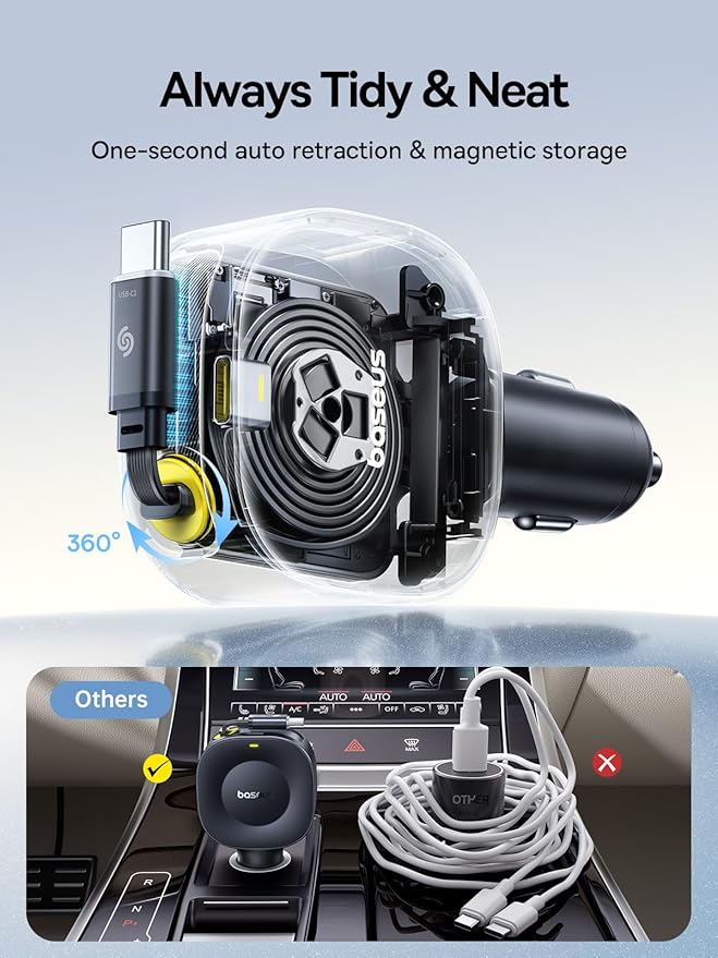 Baseus Ultra-Mini 60W Retractable Car Charger USB C 163W Retractable Car Charger PrimeTrip VR2 Max