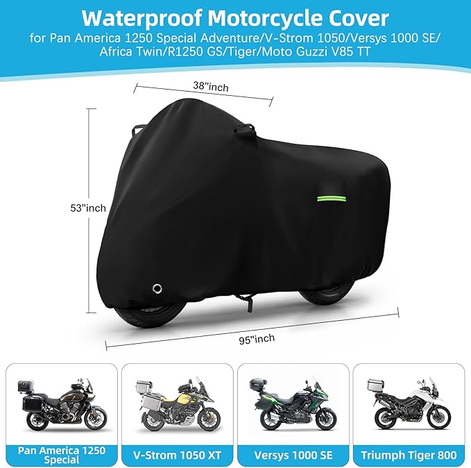 Motorcycle Cover Waterproof for Pan America 1250 Special Adventure/V-Strom 1050/Versys 1000 SE/Tiger, Heavy Duty Sun UV Dust Rain All Weather Protection Motorbike Cover with Cotton Lining & Lock Hole