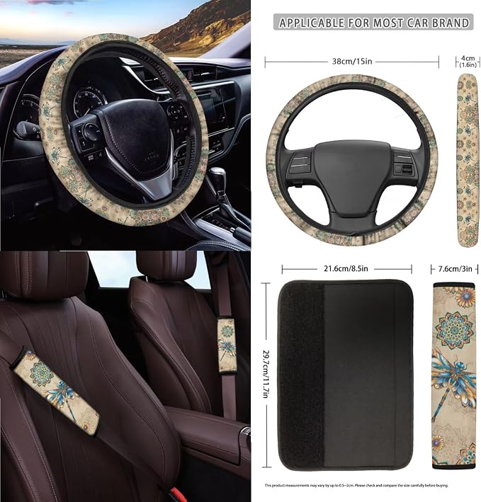 15Pcs Car Seat Cover Full Set Car Steering Wheel Cover Seat Belt Cover Trash Bin Air Vent Storage Box Front Rear View Mirror Car Cup Holder Keychain, Dragonfly Boho Mandala Beige