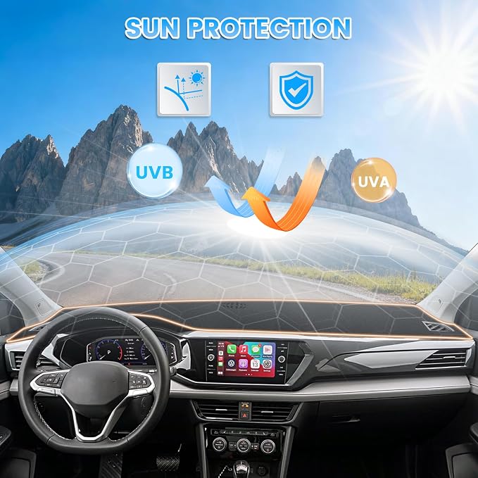 KUST Black Dash Cover Compatible with Volkswagen VW Taos 2022-2024 (Without Center Bin) Dashboard Cover Accessories for Taos Non-Slip Polyester Custom Fit Center Console Sunshield Protector No Glare