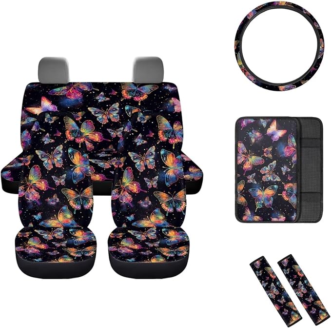 Mumeson Colorful Butterfly Car Seat Set with Steering Wheel Cover,Soft Seatbelt Covers Shoulder Pad,Armrest Cushion Covers Fit Most Vehicle Interior Accessories 8 Pack Set Black