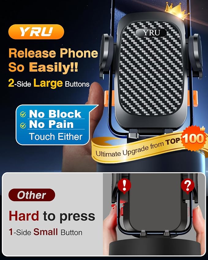 YRU True Military-Grade [360° Rotation Suction] 2026 Ultimate Car Phone Holder Mount 【90+LBS Safest Strongest & Patent Certs】 Dash Windshield Vent for iPhone 17 16 Pro Max Speaker Stands, Gloss Black