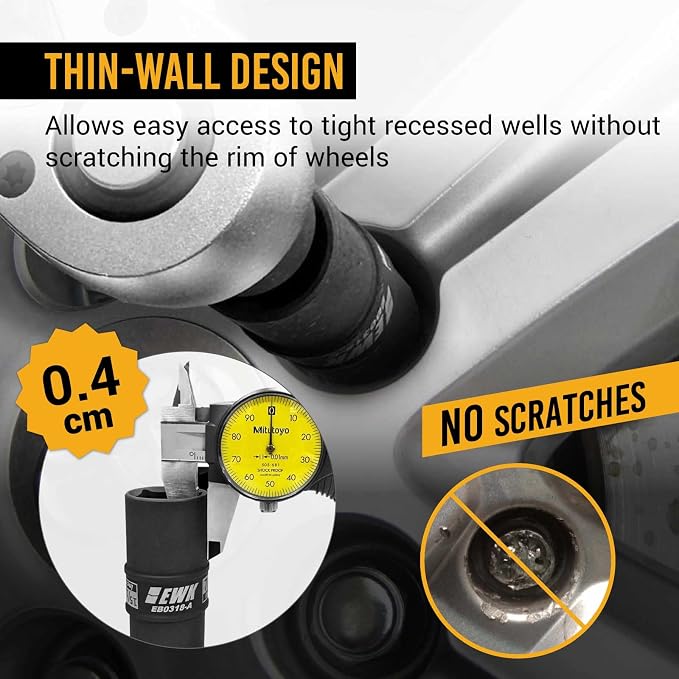 EWK 1/2 in Drive Thin Wall Flip Lug Nut Impact Socket Set, 8-in-4 Metric & SAE Flip Sockets 17mm 19mm 21mm 22mm 3/4", 13/16", 7/8", 15/16" with 3" Extension Bar for Wheel & Tire Service