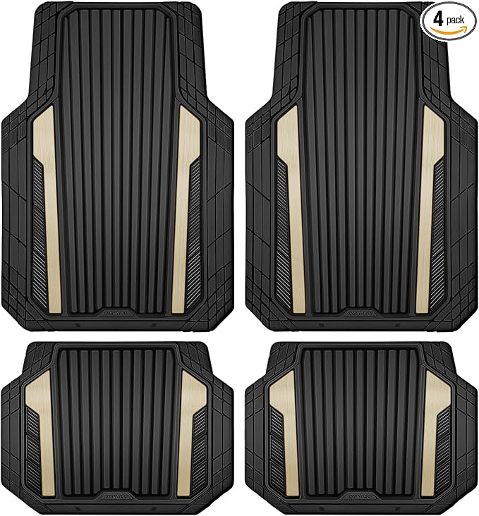CAR PASS Heavy Duty Rubber Car Mats Metallic, Aluminum Film All Weather Floor Mats Waterproof Universal Trim to Fit for SUV Sedan Van 4 Piece Deep Dish Two-Tone Sporty Black Golden Chrome