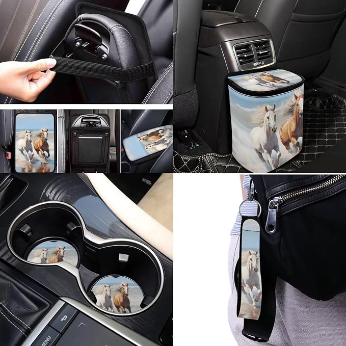 Horse Car Seat Covers Full Set for Women Man,Universal Car Accessories with Back Seat Trash Can Headrest Covers Seat Belt Cover Pad,Elastic Steering Wheel Cover Fit Most Car Truck SUV Van