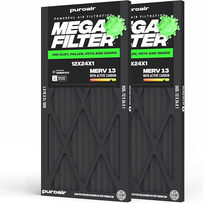 PuroAir MegaFilter - 12x12x1 Air Filter MERV 13 Activated CarbonTech Defense - Heavy Duty 3 Layer Furnace Filters Allergens, Pollen, Dust, Pet Dander, Smoke, Odors - HVAC Air Filter 12x12x1 (2-Pack)