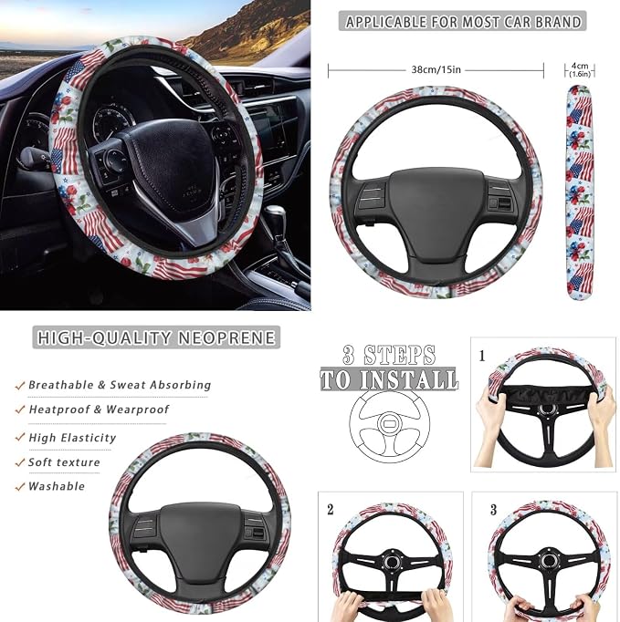 Wanyint Car Seat Cover Set 12 PCS, with Steering Wheel Cover Seat Belt Armrest Handbrake Gear Shift Knob Cover Set Coasters 4th of July Patriotic Decor Auto Accessories, American Flag Hibiscus Blue