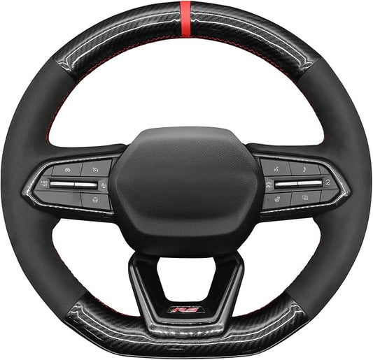 MEWANT Hand Stitch Black Suede Carbon Fiber Steering Wheel Cover for Chevy Equinox RS 2025 Silverado EV RST 2024-2025