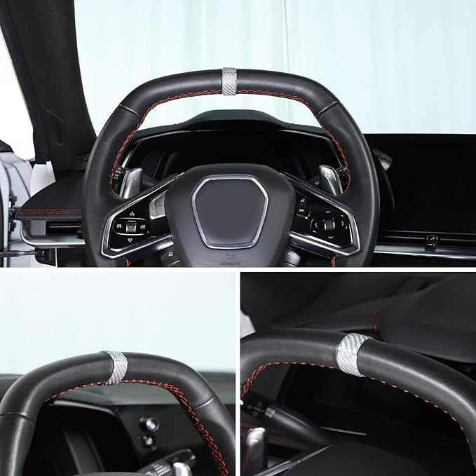 Daeiclru Real Carbon Fiber Steering Wheel Circle Cover Sticker Compatible with Chevrolet Corvette C8 Stingray 2020-2025, Steering Wheel Top Center Guide Decorative Accessories (Silver)