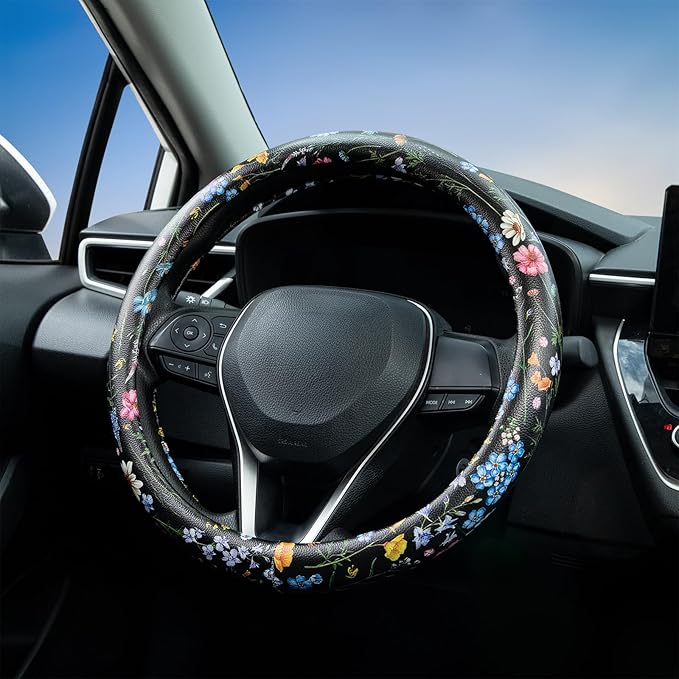 Multicolor Wildflower Steering Wheel Cover Auto Jacquard Steering Wheel Protector, Anti-Slip, Breathable, Absorbing Sweat, Universal Car Accessories 14.5–15 inch,Fit for Most Car, Trucks, SUV