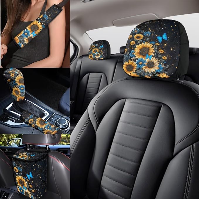 17 Pieces Butterfly Car Seat Covers Full Sets with Sunflower Universal Car Aaccessories,Butterflies Car Interior Set with Vehicle Trash Bag,Steering Wherl Cover,Seat Belt Shoulder Pad