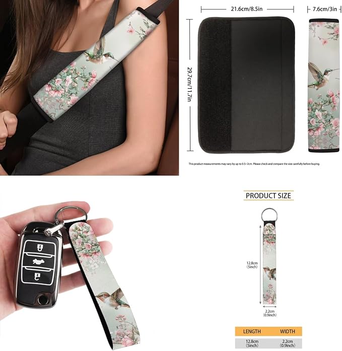 Spring Floral Hummingbird 15 PCS Car Seat Cover Set with Auto Steering Wheel Cover Seat Belt Strap Protector Cup Holder Trash Bag Rear View Mirror Protector Keychain
