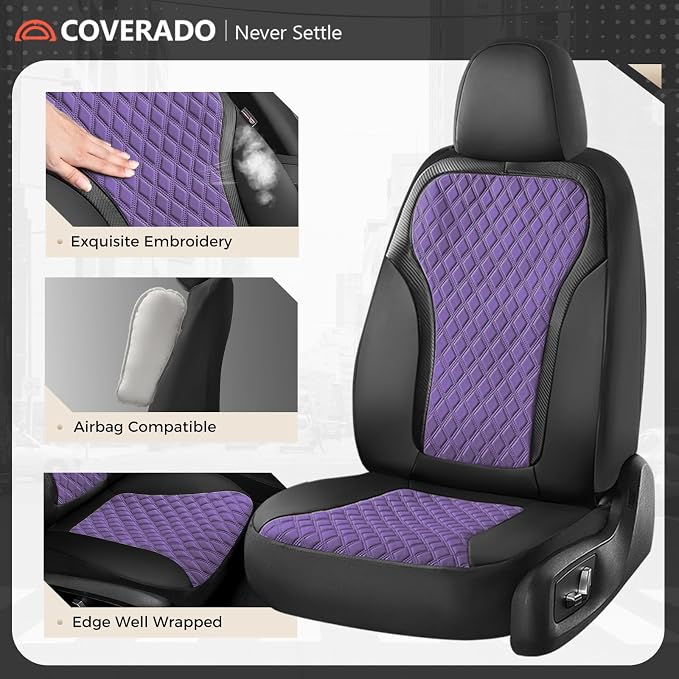 Coverado Car Seat Cover 5 Seats, Leather Seat Covers Full Set, Durable Waterproof Car Seat Protectors, Black and Purple Seat Cover, Spill-Proof Automotive Seat Covers Universal Fit for Most Cars