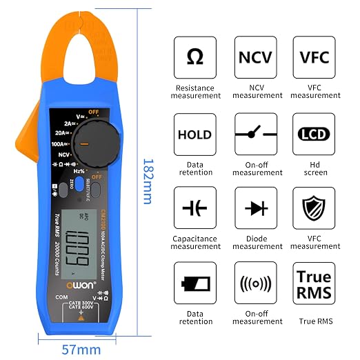 OWON CM2100 Mini Digital Clamp Meter 100A AC DC Current Voltage True RMS Pliers Ammeter Resistance, Capacitance, Diode Tester Multimeter