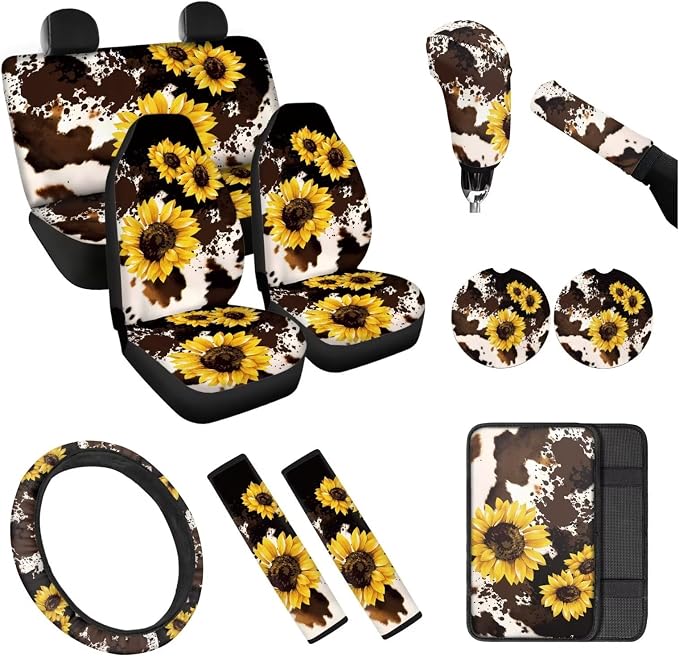 Sunflower Cow Print 12 Pack Car Accessories Set with Car Seat Covers Full Set Steering Wheel Cover Center Console Cover Auto Seat Belt Cover Gear Lever Cover Fit for Cars SUV
