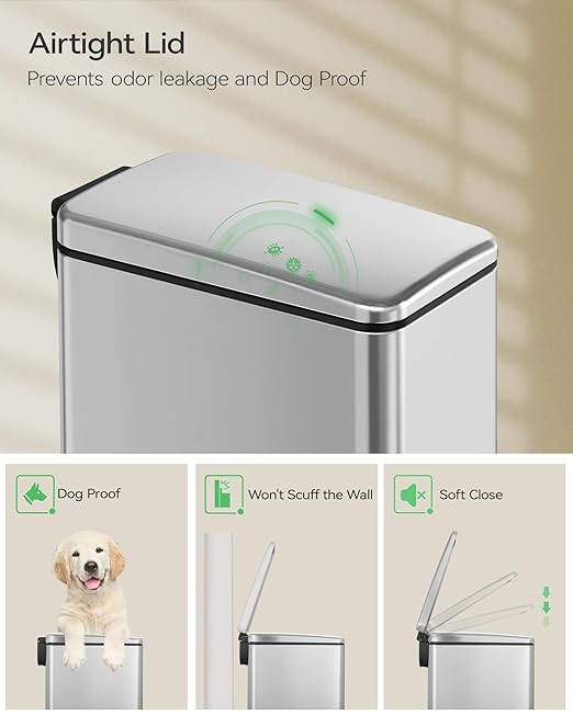 Nunsino Small Bathroom Trash Can with 15 Garbage Bags,2.6 Gallon Stainless Steel Garbage Can with Lid Soft Close,Small Trash Bin for Bathroom,Kitchen,Home Office,Silver