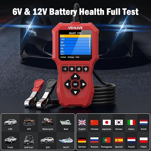 Car Battery Tester 6V 12V with Lithium Battery Testing, VEHLIVE BT910 5-3000CCA Battery Load Tester, Automotive Alternator Tester Charging Cranking System Tester for Car Truck Motorcycle SUV ATV Boat