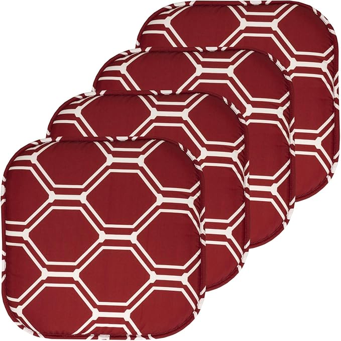 Sweet Home Collection Chair Cushion Memory Foam Pads Honeycomb Pattern Slip Non Skid Rubber Back Rounded Square 16" x 16" Seat Cover, Mirage Wine/White, 4 Pack